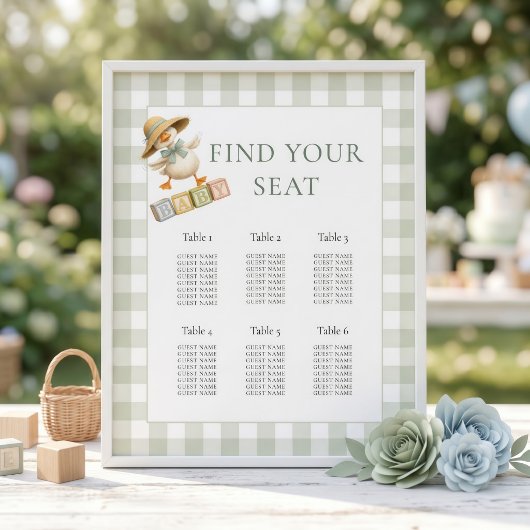Gänse-Sage-Gingham-Baby-Shower-Sitzplan Poster