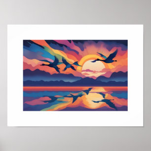 Gänse über Wasser bei Sonnenaufgang Poster