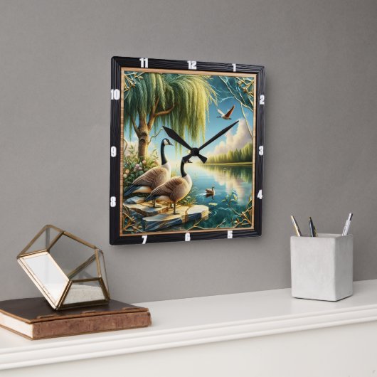 Gänse und Enten Willow Geese Rustic River Quadratische Wanduhr (Büro)