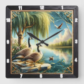 Gänse und Enten Willow Geese Rustic River Quadratische Wanduhr (Vorderseite)
