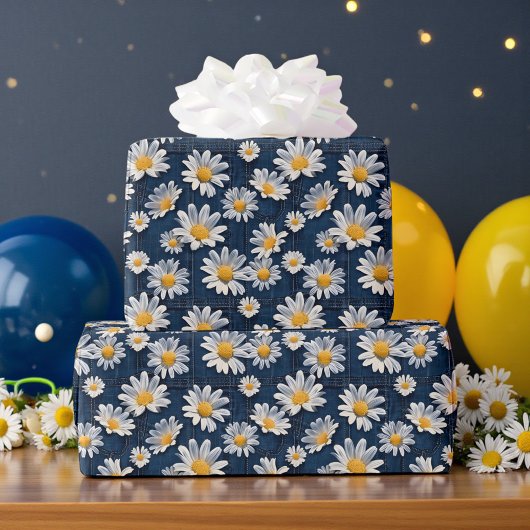 Gänseblümchen auf blauem Denim-Geburtstag Geschenkpapier