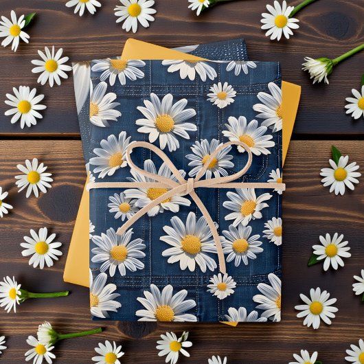 Gänseblümchen auf blauem Denim-Geburtstag  Geschenkpapier Set
