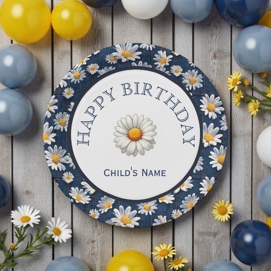 Gänseblümchen auf blauem Denim-Geburtstag Pappteller