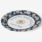 Gänseblümchen auf blauem Denim-Geburtstag Pappteller (Schrägansicht)