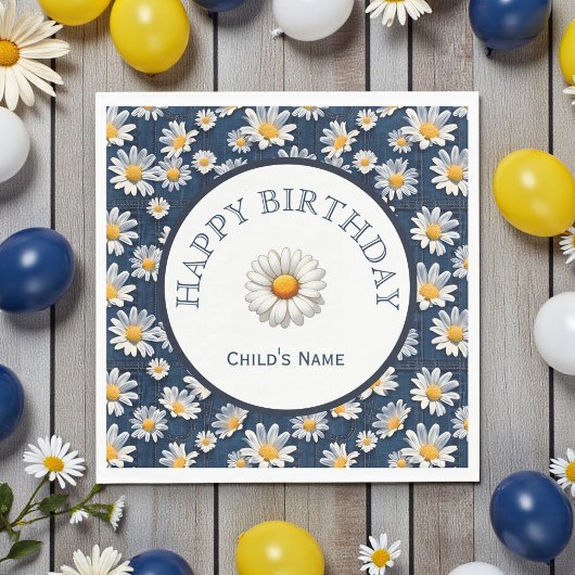 Gänseblümchen auf blauem Denim-Geburtstag Serviette