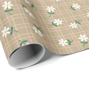 Gänseblümchen auf braunem Karo (großer Maßstab) Geschenkpapier