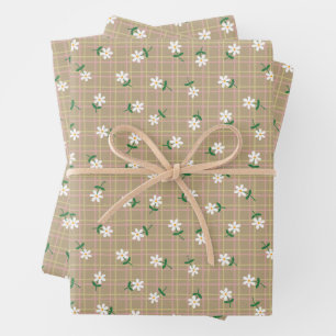 Gänseblümchen auf braunem Karo (großer Maßstab) Geschenkpapier Set