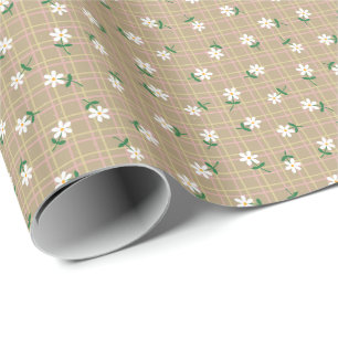 Gänseblümchen auf braunem Karo (kleine Musterung) Geschenkpapier
