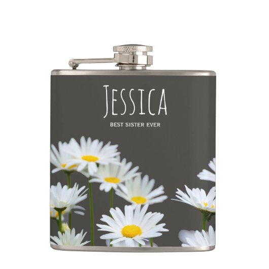 Gänseblümchen auf Grau Personalisierte Beste Schwe Flachmann (Vorderseite)