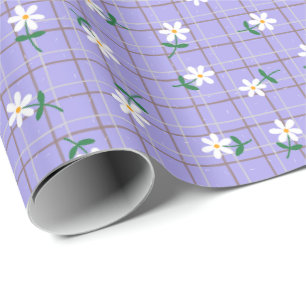 Gänseblümchen auf lila Karo (großer Maßstab) Geschenkpapier