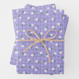 Gänseblümchen auf lila Karo (großer Maßstab) Geschenkpapier Set