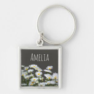 Gänseblümchen auf personalisiertem Grau Schlüsselanhänger