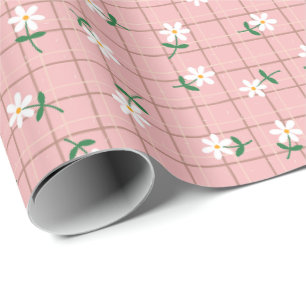 Gänseblümchen auf rosa Karo (großes Format) Geschenkpapier