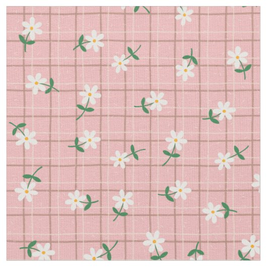 Gänseblümchen auf rosa Karo (kleine Größe) Stoff (Nahaufnahme)