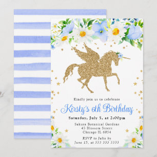 Gänseblümchen Blaue Blumen Gold Einhorn Geburtstag Einladung