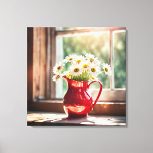 Gänseblümchen in roter Kanne am sonnigen Fenster Leinwanddruck