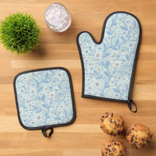 Gänseblümchen in weiß und blau auf Meerglas Ofenhandschuh & Topflappen-Set