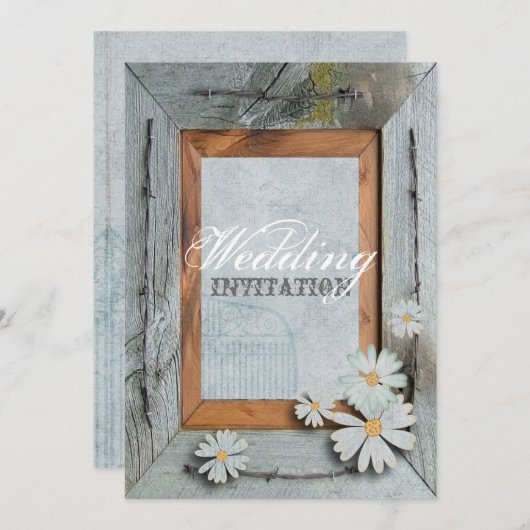 Gänseblümchen-Landhochzeit der rustikalen blauen Einladung (Vorne/Hinten)