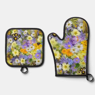 Gänseblümchen, Primel, Osterglocken Blumen Ofenhandschuh & Topflappen-Set