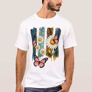 Gänseblümchen Schmetterlinge auf gemalten Streifen T-Shirt