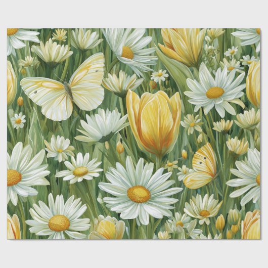 Gänseblümchen, Tulpen und Schmetterlinge Geschenkpapier (Flach)