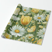 Gänseblümchen, Tulpen und Schmetterlinge Geschenkpapier (Ungerollt)