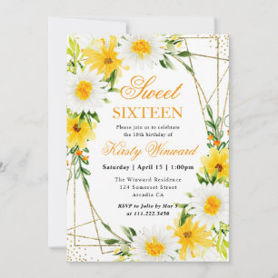 Gänseblümchen und gelbe Blumen Goldrahmen Sweet 16 Einladung