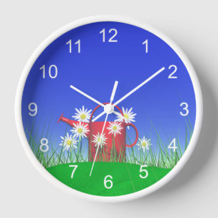 Gänseblümchen und rote Gießkanne Uhr