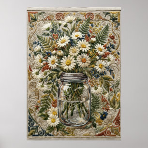 Gänseblümchen- und Wildblumenstrauß in gesticktem Poster