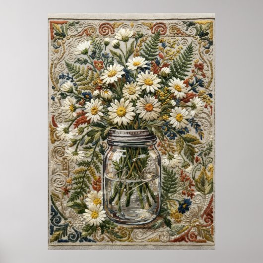 Gänseblümchen- und Wildblumenstrauß in gesticktem Poster (Vorne)