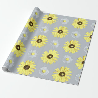 Gänseblümchen-weißes Gelb auf grauem Geschenkpapier