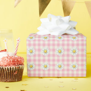 Gänseblümchenreihen auf rosa Gingham Geschenkpapier
