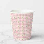 Gänseblümchenreihen auf rosa Gingham Pappbecher (Rückseite)
