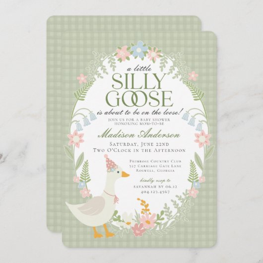 Gänseblütendusche Gingham Albern Gänse Einladung (Vorne/Hinten)