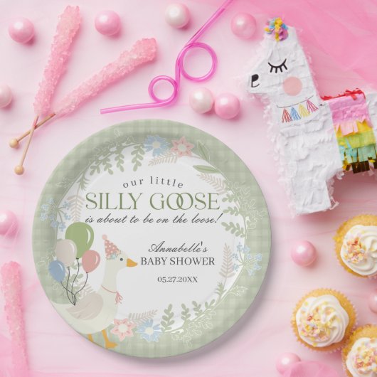 Gänseblütendusche Gingham Albern Gänse Pappteller (Party)