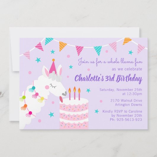 Ganzer Llama Fun Cake 3. Geburtstag Lila Einladung (Vorderseite)