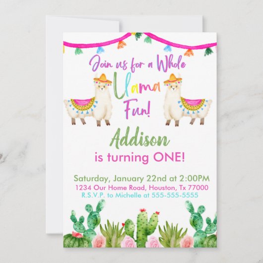 Ganzer Llama Fun Geburtstag Fiesta Einladung (Vorderseite)