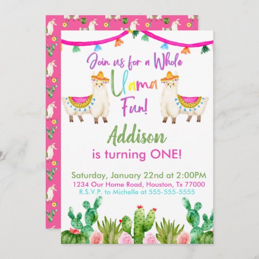 Ganzer Llama Fun Geburtstag Fiesta Einladung (Vorne/Hinten)