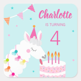 Ganzes Llama Fun Cake 4. Geburtstagsaqua Quadratischer Aufkleber
