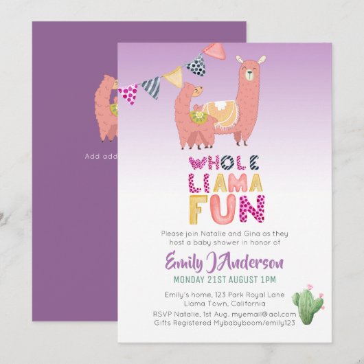Ganzes Llama Fun Mama Baby Liebe Fiesta Cacti Einladung (Vorne/Hinten)