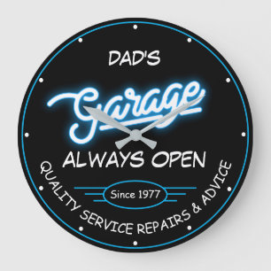 Garage Dad's or Any Name and Date White Blue Cool Große Wanduhr