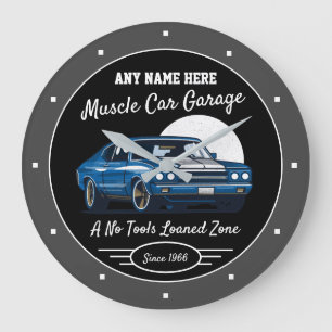 Garage Muskelwagen für jeden Namen blau schwarz g Große Wanduhr