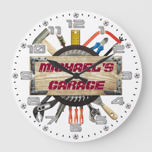 Garage Tools Man Cave Personalizable Retro-Style Große Wanduhr (Vorderseite)