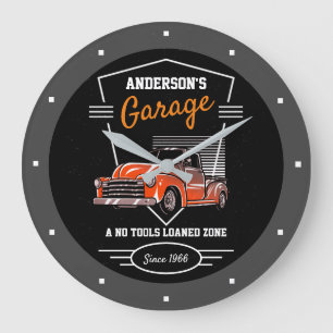 Garagen-Slogan-Wappen im Vintage-Stil für jeden Na Große Wanduhr
