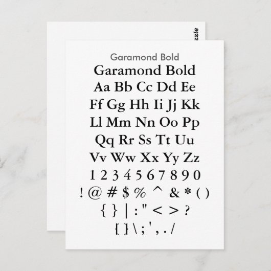 Garamond Bold - Zazzle Schriftart Sampler Sheet Postkarte (Vorne/Hinten)