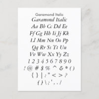 Garamond Italic - Zazzle Schriftart Sampler Sheet