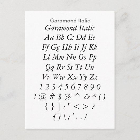 Garamond Italic - Zazzle Schriftart Sampler Sheet Postkarte (Vorderseite)
