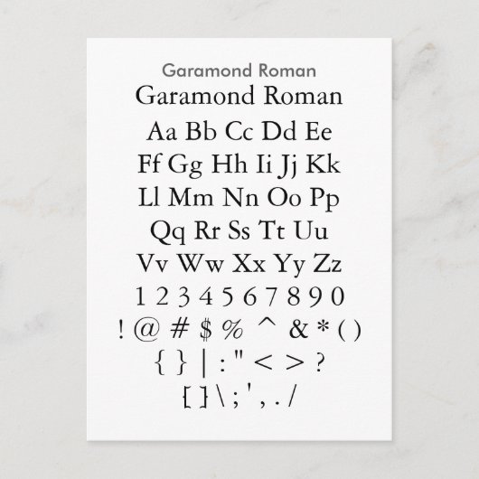 Garamond Roman - Zazzle Schriftart Sampler Sheet Postkarte (Vorderseite)