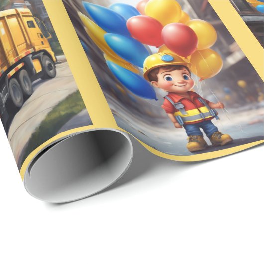 Garbage Truck Backhoe Boy's Name Birthday Balloons Geschenkpapier (Rolleneckpunkt)
