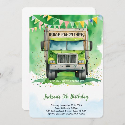 Garbage Truck Birthday Einladung (Vorne/Hinten)
